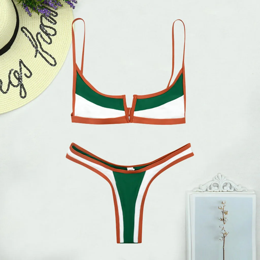 Vintage Micro Bikini Patchwork Swimsuit Brazilian Sexy Swimwear Female 2023 New Summer Colorblock V-bar Green Bathing Suits