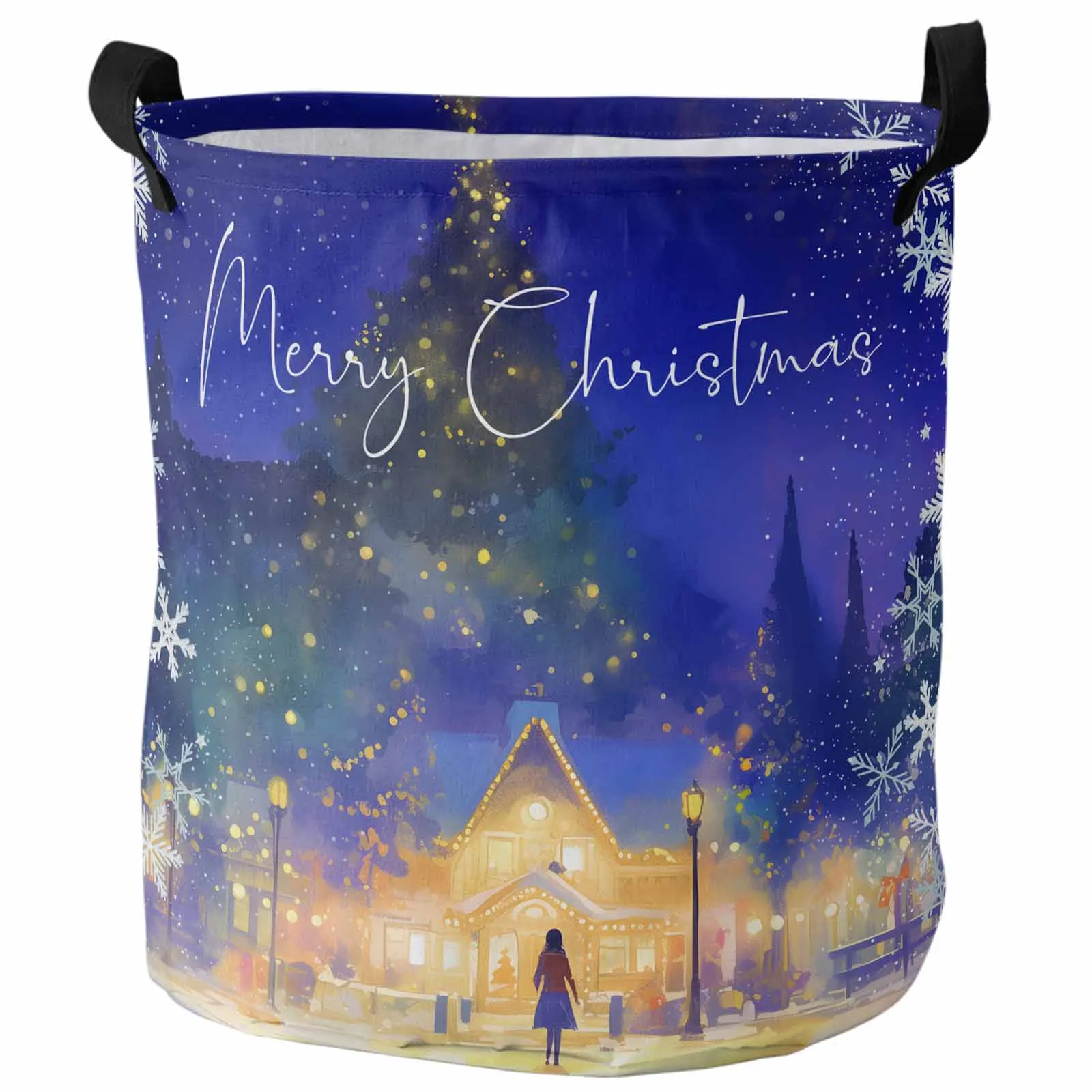 Tree Street View Night SceneLaundry Basket Portable Foldable Household Laundry Storage Bag Oxford Cloth Dirty Clothes Basket