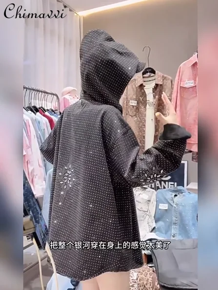 

Осень 202, тяжелая промышленность, стразы, звезда, капюшон, джинсовая рубашка с длинными рукавами, куртка, женская свободная модная уличная одежда, пальто, топ