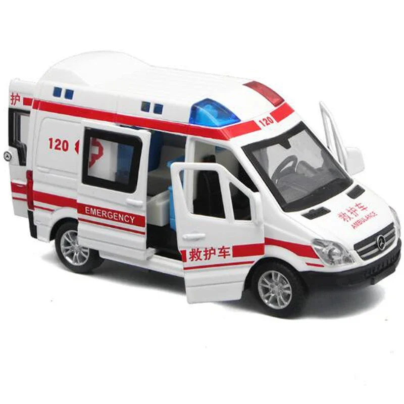 New Simulation Ambulance 1:32 Hospital Rescue Police Metal Cars Model Pull Back Sound and Light Alloy Diecast Car Toys Gifts