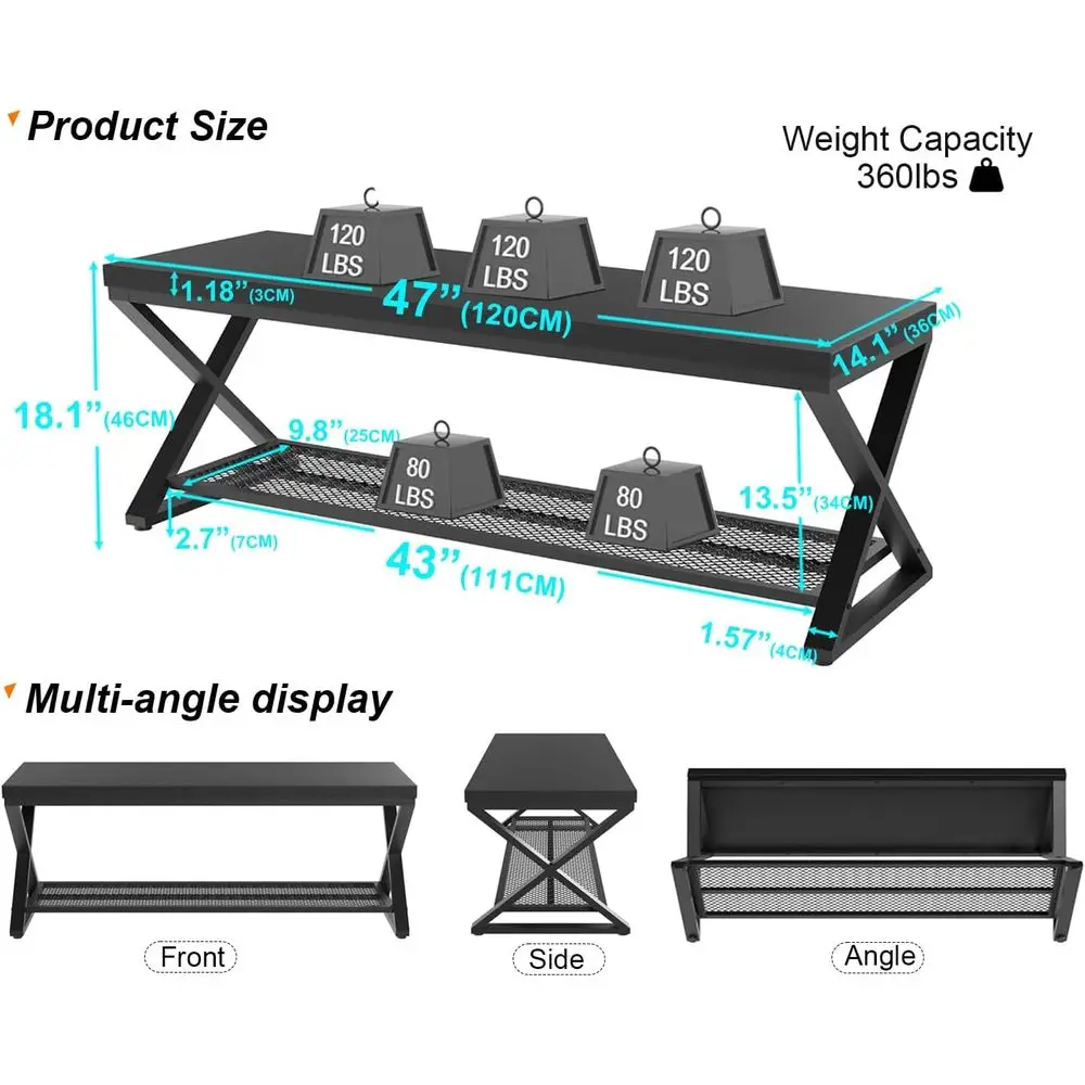 Banco de almacenamiento de madera y metal con zapatero para entrada, 47 asientos decorativos de roble negro para el hogar