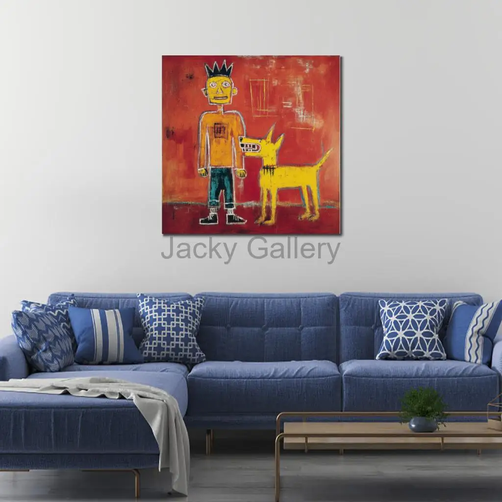 Graffiti Canvas Art Hand Painted Contemporary Abstract Oil Painting Boy and Dog Large Modern Artwork for Living Room Decor