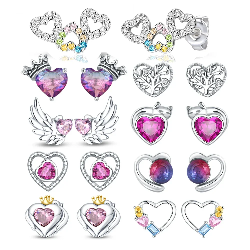 

Sterling Silver 925 Pink Shiny Love Heart Zircon Full Diamond Original Earrings Sweet for Women High-end Boutique Jewelry Gift
