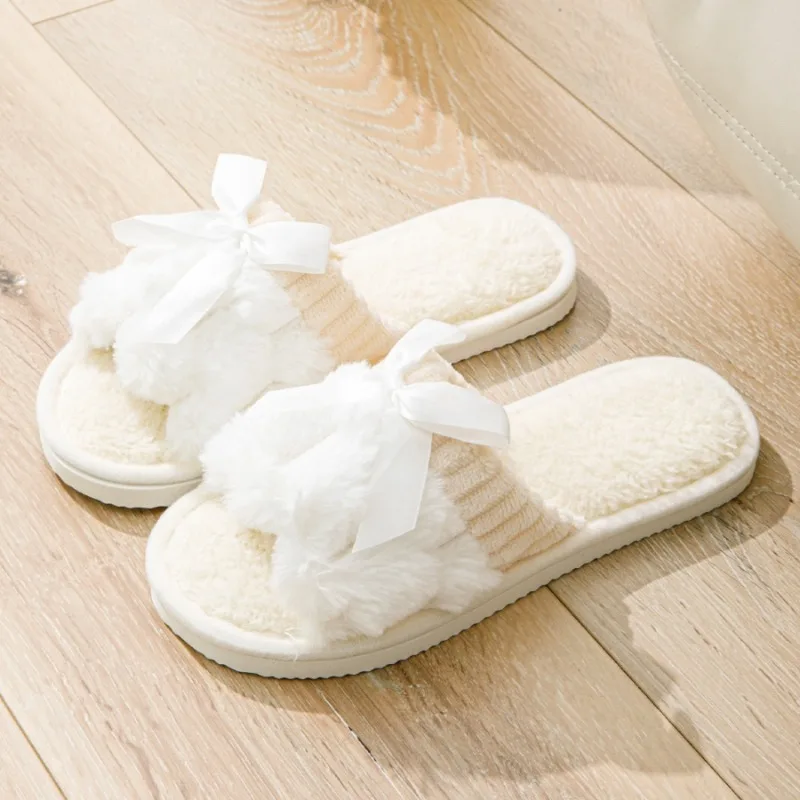 Winter Women New Bow Plush Slippers Couples Comfortable Cozy Flat Sandals Female Indoor Floor Non-slip Quiet Slides Adults Shoes
