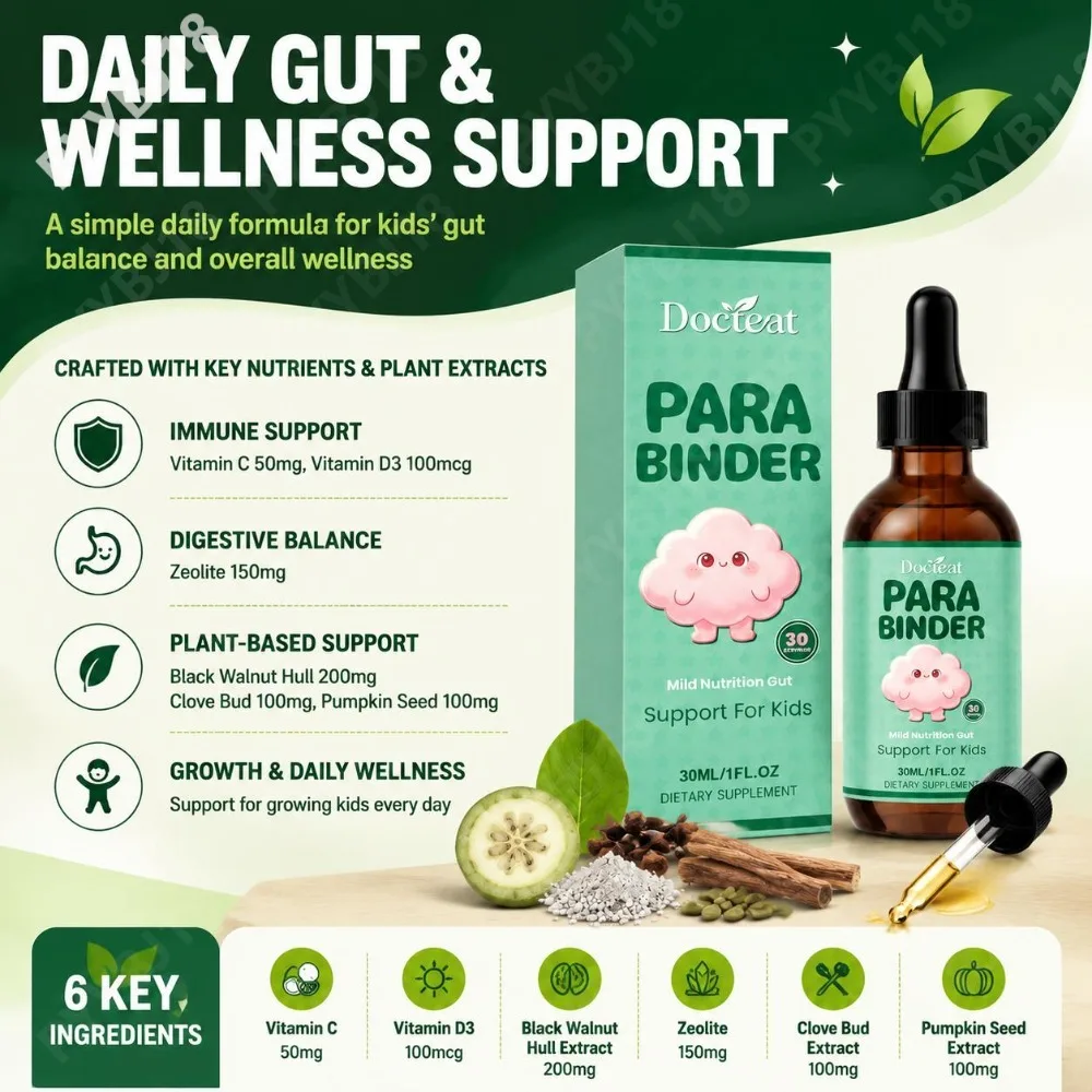 Docteat Kids Gut Support Liquid Drops Black Walnut Pumpkin Seed Vitamin C D3 Immune Support Digestive Balance Daily Energy 30ML