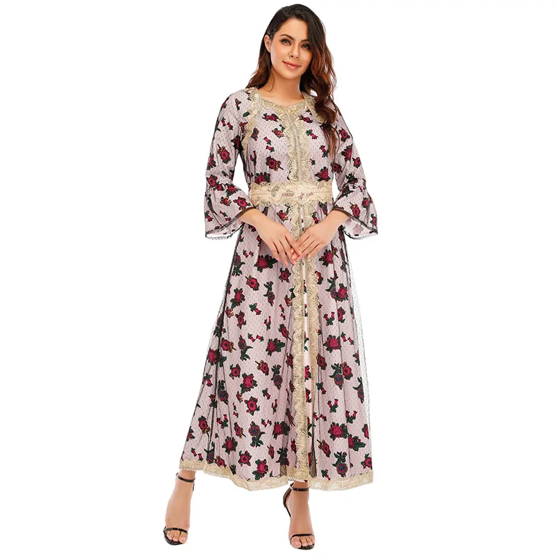 Muslim Fashion Abaya Dress Eid Malaysia Dubai  Muslim Women Printing Flower Fabric Classic Abaya Elegant Lace Dresses  Robe