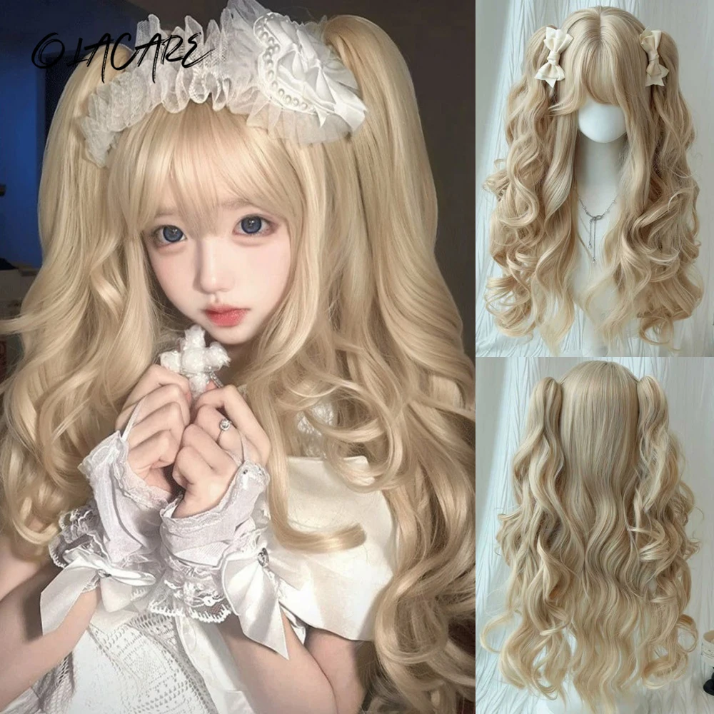 OLACARE Natural Blonde Yellow Long Wavy Synthetic Hair Wigs with Bangs Women Body Wave Afro Female Wigs Cosplay Daily Hair