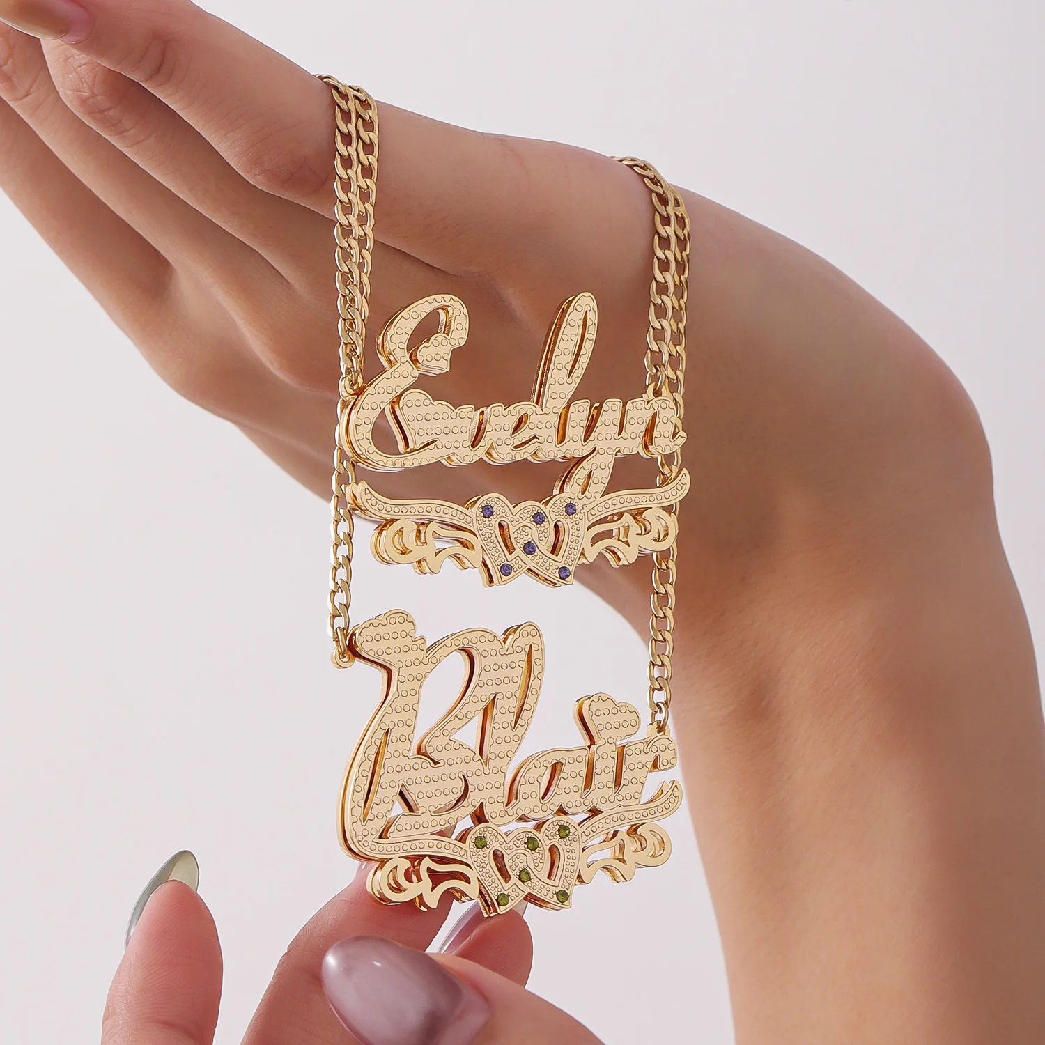Dascusto  Custom 3D 18KGold Plated Double Diamond Choker Personalized Nameplate Name Necklace Pendant Two-Tone Chain For Women