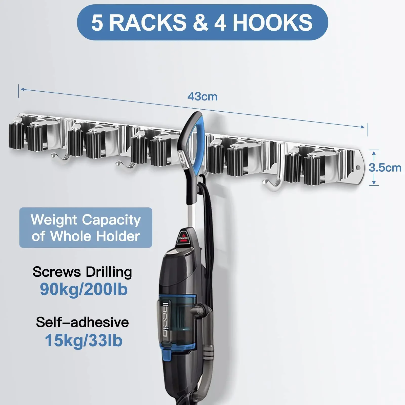 Rust Proof 5 Racks 4 Hooks Sturdy Stainless Steel Space Saving Mop and Broom Holder