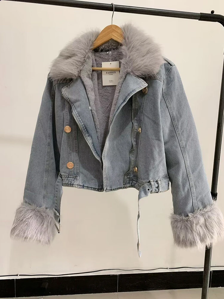 Winter Faux Fur Collar Belt Blue Warm Denim Jacket Female Vintage Casual Fur Liner Double Breasted Metal Buttons Women Outwear