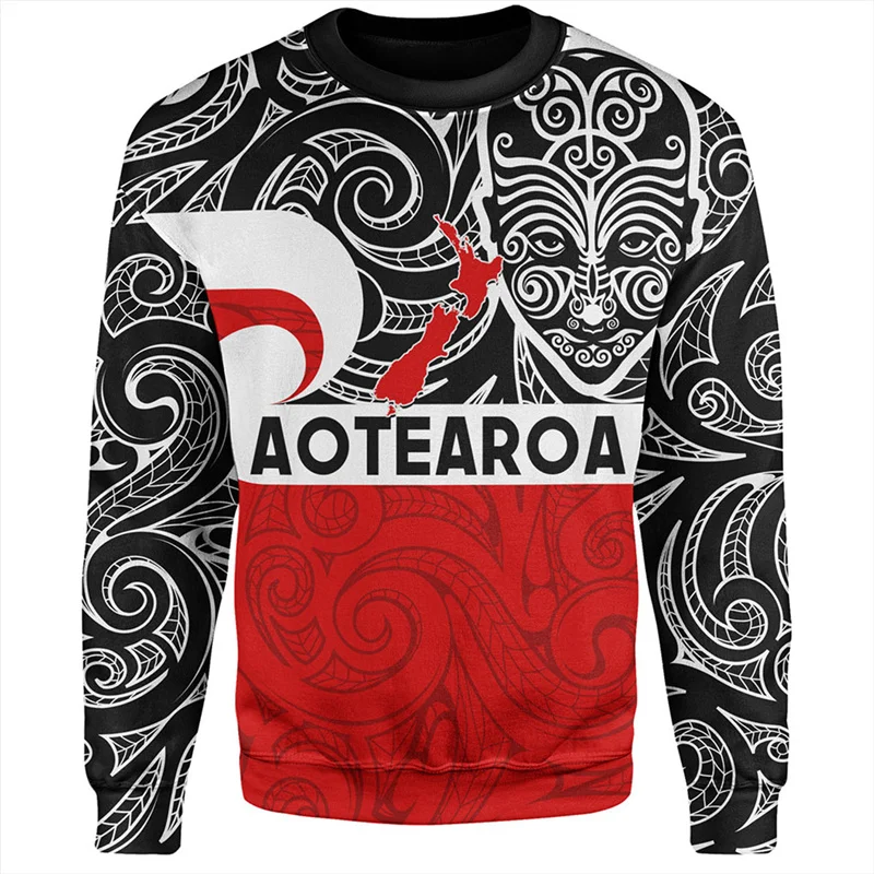 

Vintage 3D New Zealand Maori AOTEAROA Print Sweatshirts NZ Anzac Day Graphic Round Neck Hoodies Fashion Streetwear Mens Clothing