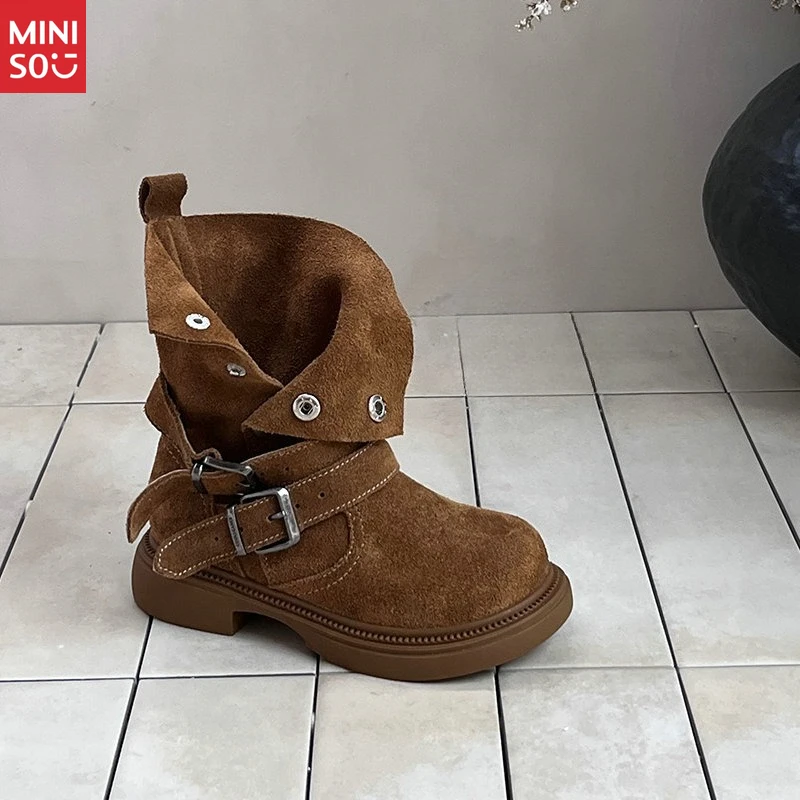Miniso 2025 Bottes Martin en daim pour enfants, chaussures d'hiver mi-mollet de style britannique avec doublure en fourrure