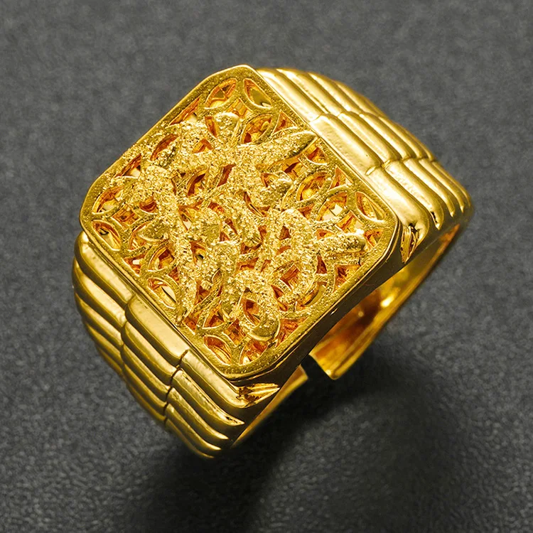 Fashion design 9999 24K real gold Classic retro Fortune Fortune Open men's ring personality nostalgic jewelry