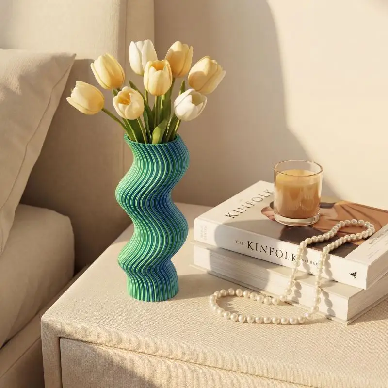 3D Printed Striped Vase Irregular: Curved Shape Art Flower Container Modern Dried Home