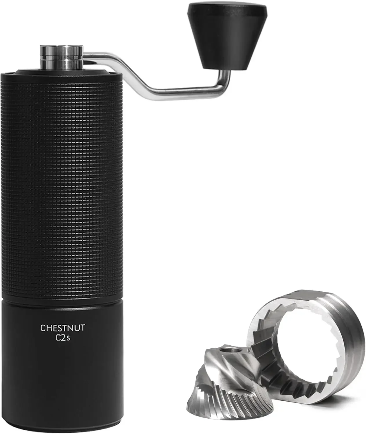 

Manual coffee grinder with stainless steel conical burr, adjustable coarseness, easy clean & carry, 25g capacity.