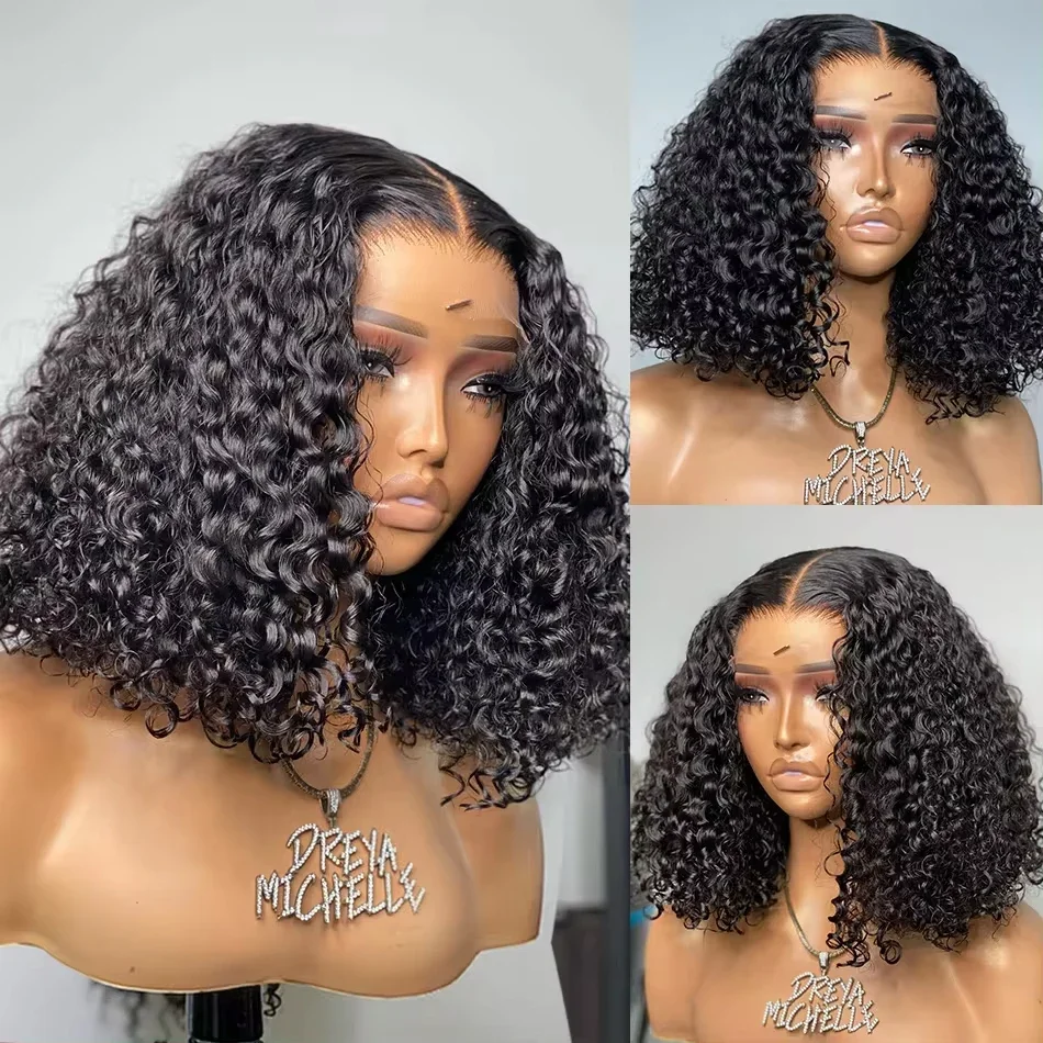 Deep Wave HD Lace Front Wig Human Hair Short Bob Wig Brazilian Virgin Wigs For Black Woman Water Curly 180% Density Preplucked