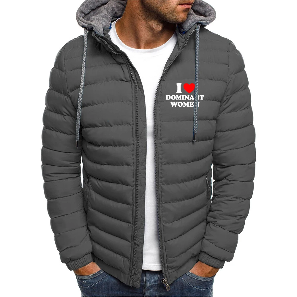 I Love Dominant Women Graphic Down Cotton Coat Man Light Feathered Cotton Jacket Winter Slim Hooded Stand-Up Collar Hoodies