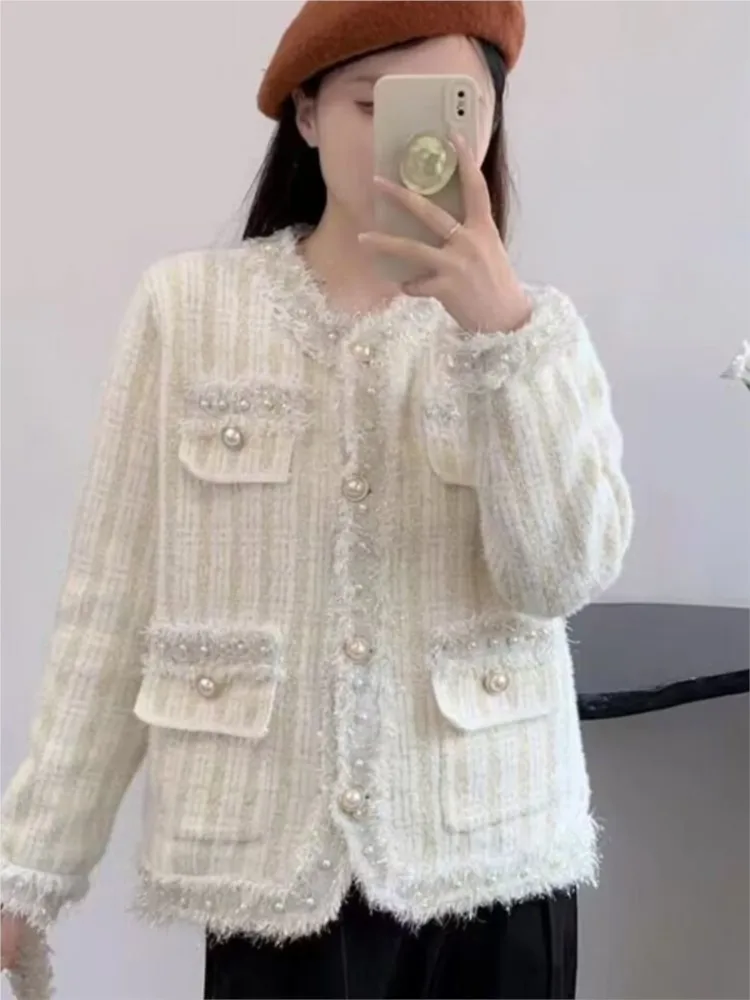 

Korean Style Streetweer Tweed Woman Coat Autumn New Tassel Pearls O Neck Short Top Elegant Vintage Work Clothes Female Coats