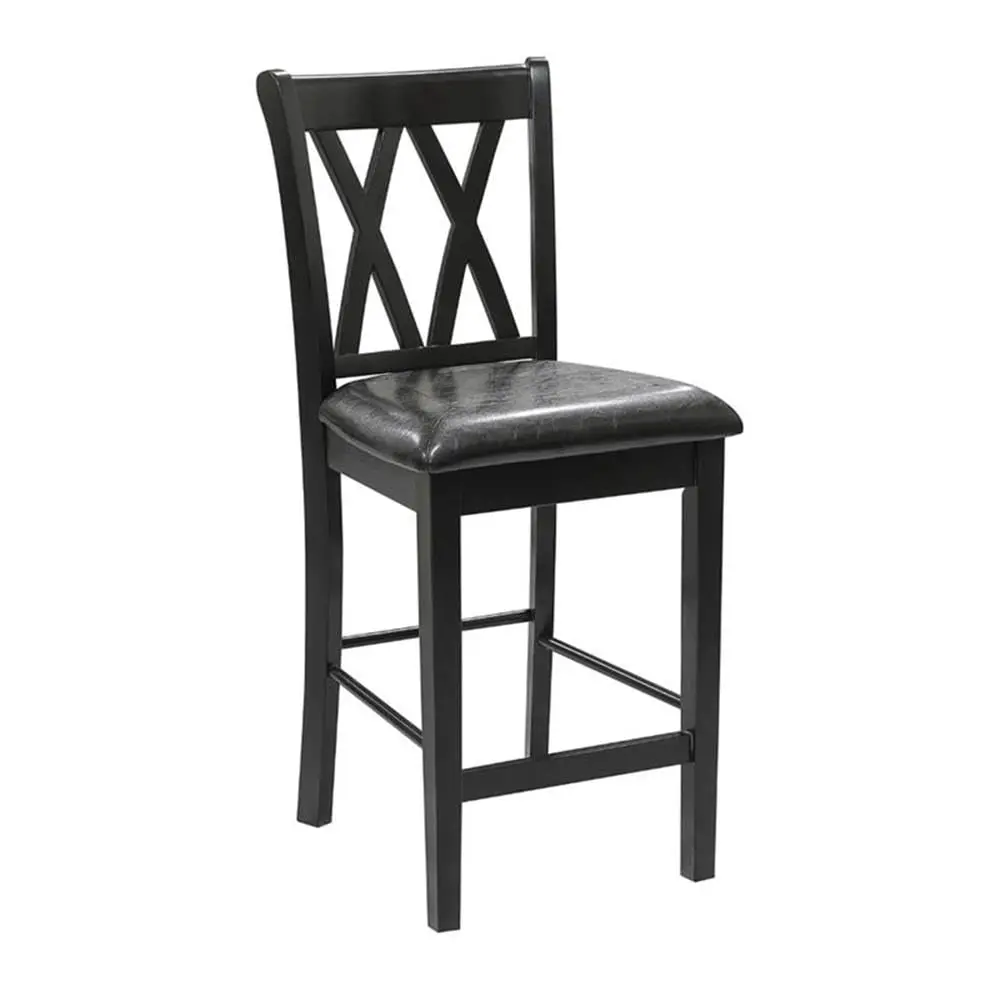 5 Piece Solid Wood Counter Height Dining Set, Black Finish, Table with 2 Shelves and 4 X-Back Chairs, Faux Leather, Customized
