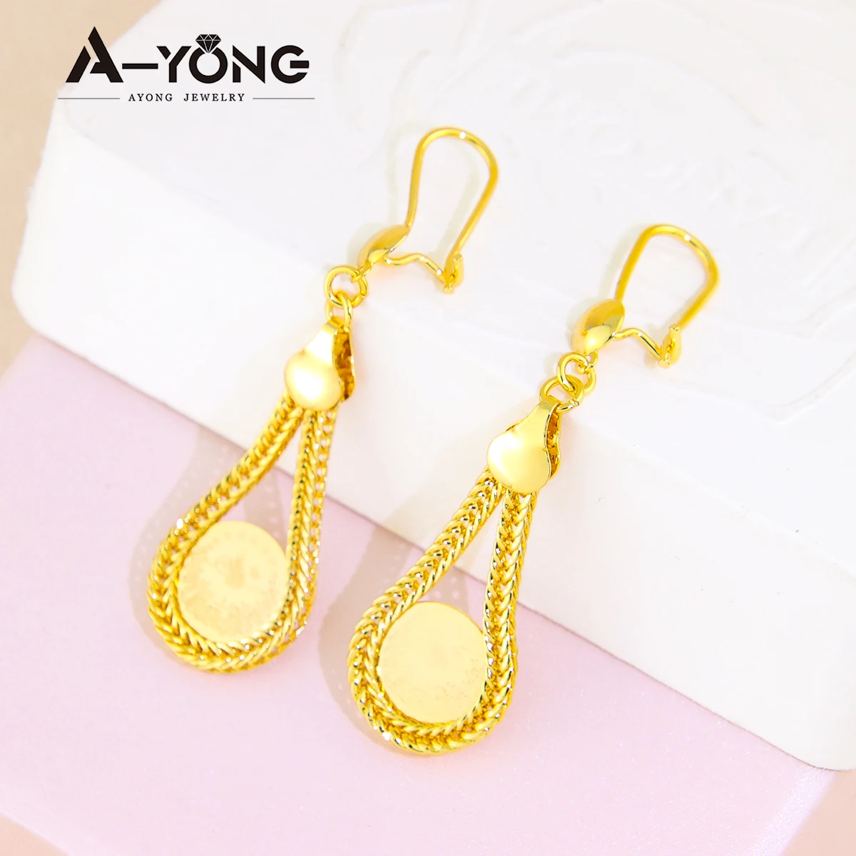 AYONG Arab Lira Coin Hook Drop Earrings 18k Gold Plated Dubai African Copper Dangle Earring for Women Bridal Jewelry Gifts