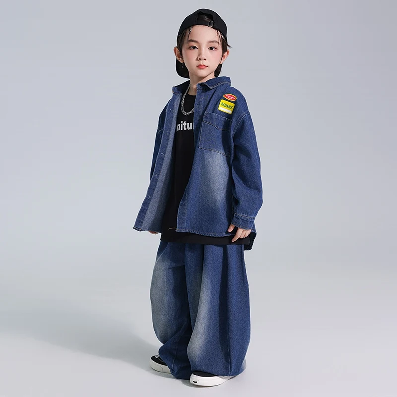Kinder Hip Hop Kleidung Jungen Baggy Denim Mantel Hosen Street Wear Lange Ärmel Pause Poppin Dance Performance Outfit Rave BL14238