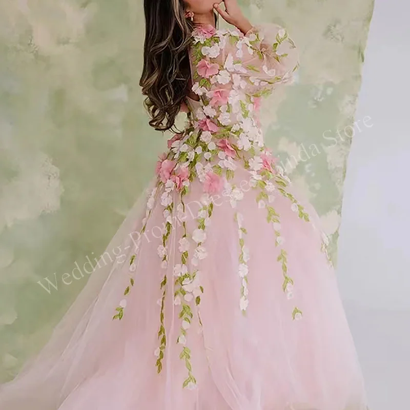 3D Flowers Pink Prom Dresses for Women Long Sleeve Floor-Length A-Line Special Events Wedding Gala Evening Graduation Gown 2023