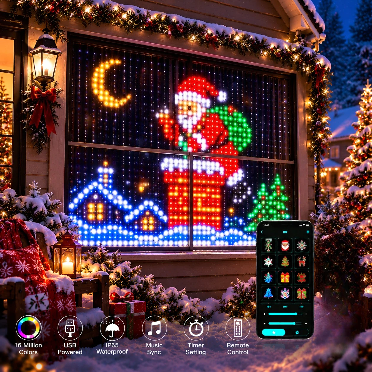 寝室用、間接照明として使えるカーテンライトセット。クリスマス、多色led、写真展示、diyアプリ対応。リビングの壁の装飾に。