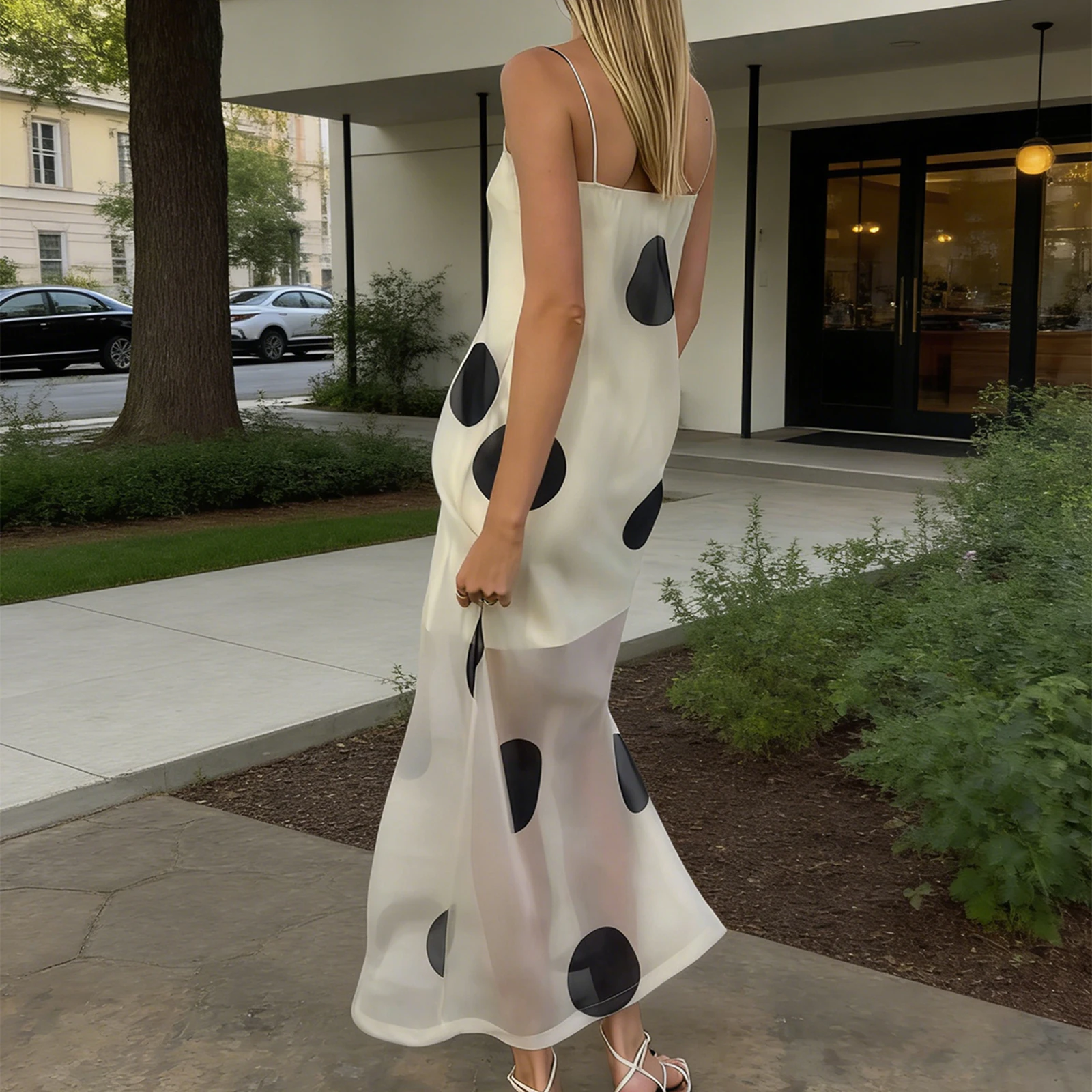 Frauen Sommer y2k Vintage Dots Print Mesh Sheer Maxi Kleid Ärmelloses Rückenfreies Spaghetti Strap Durchsichtig Club Party Cami Kleid