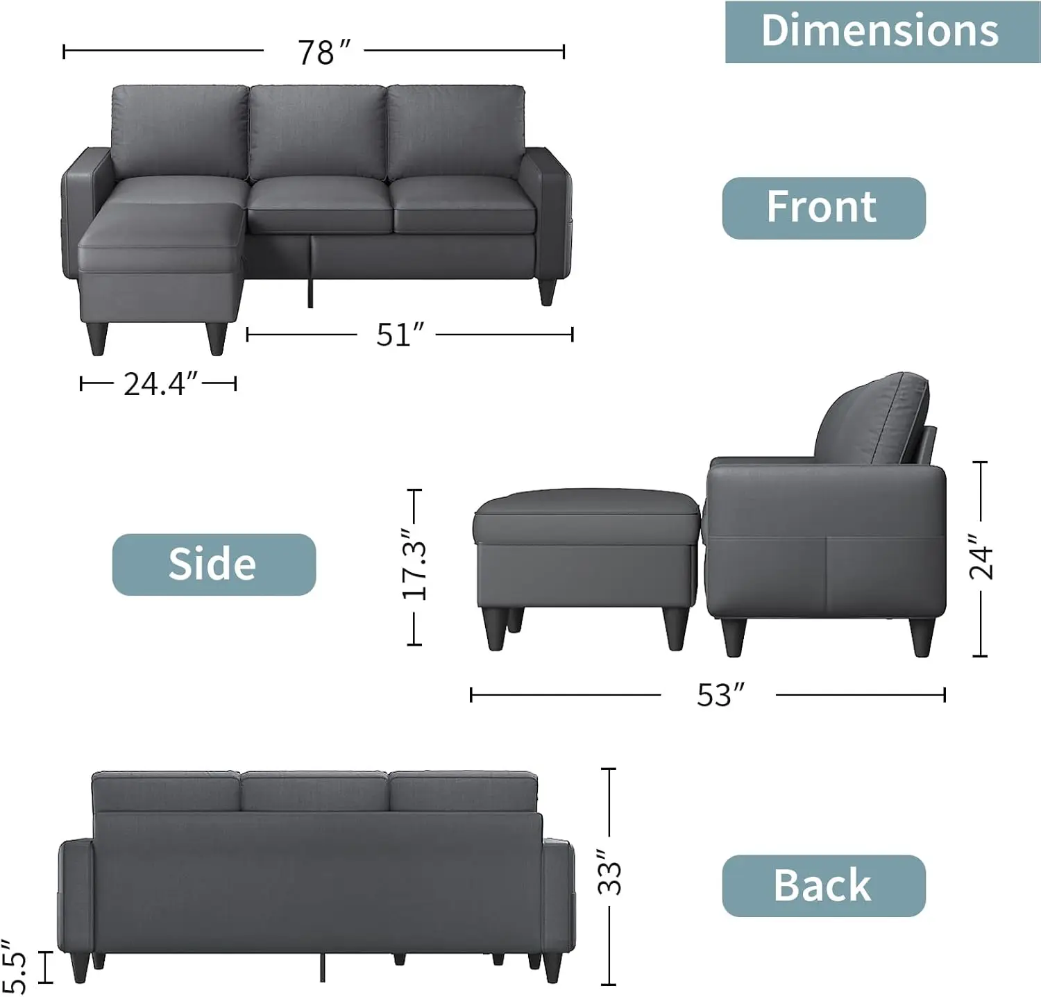 L-Couch Couches for Living Room, Convertible Sectional Sofa with Storage Ottoman, 3-Seat Grey Sectional Sofas for Living