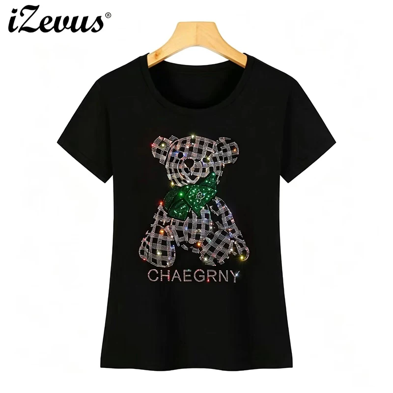 Hot Diamond Creative Bear Diamond Figure Women's Casual Short Sleeve T-Shirt Light Diamond Inlay T-Shirt Series