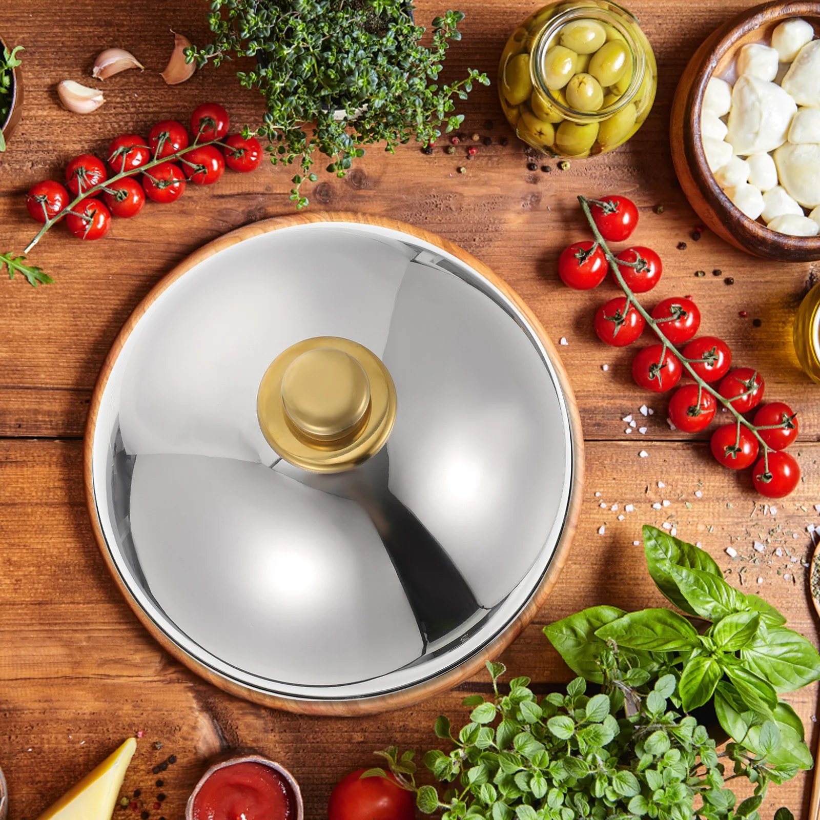 

1pc Round Dome Food Cover Polished Stainless Steel Lid For Cakes Desserts Kitchen Food Protector Home Hotel Restaurant Use