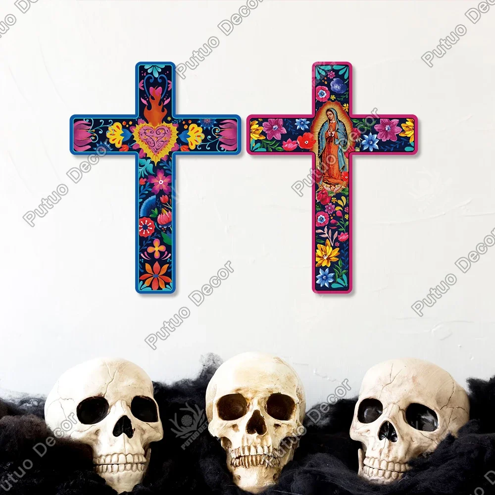 Putuo Decor Mexican Crucifix Wood Wall Decor, Day of the Dead Decoration Wooden Wall Mounted Cross for Home , 15.9 X 11.8 Inches