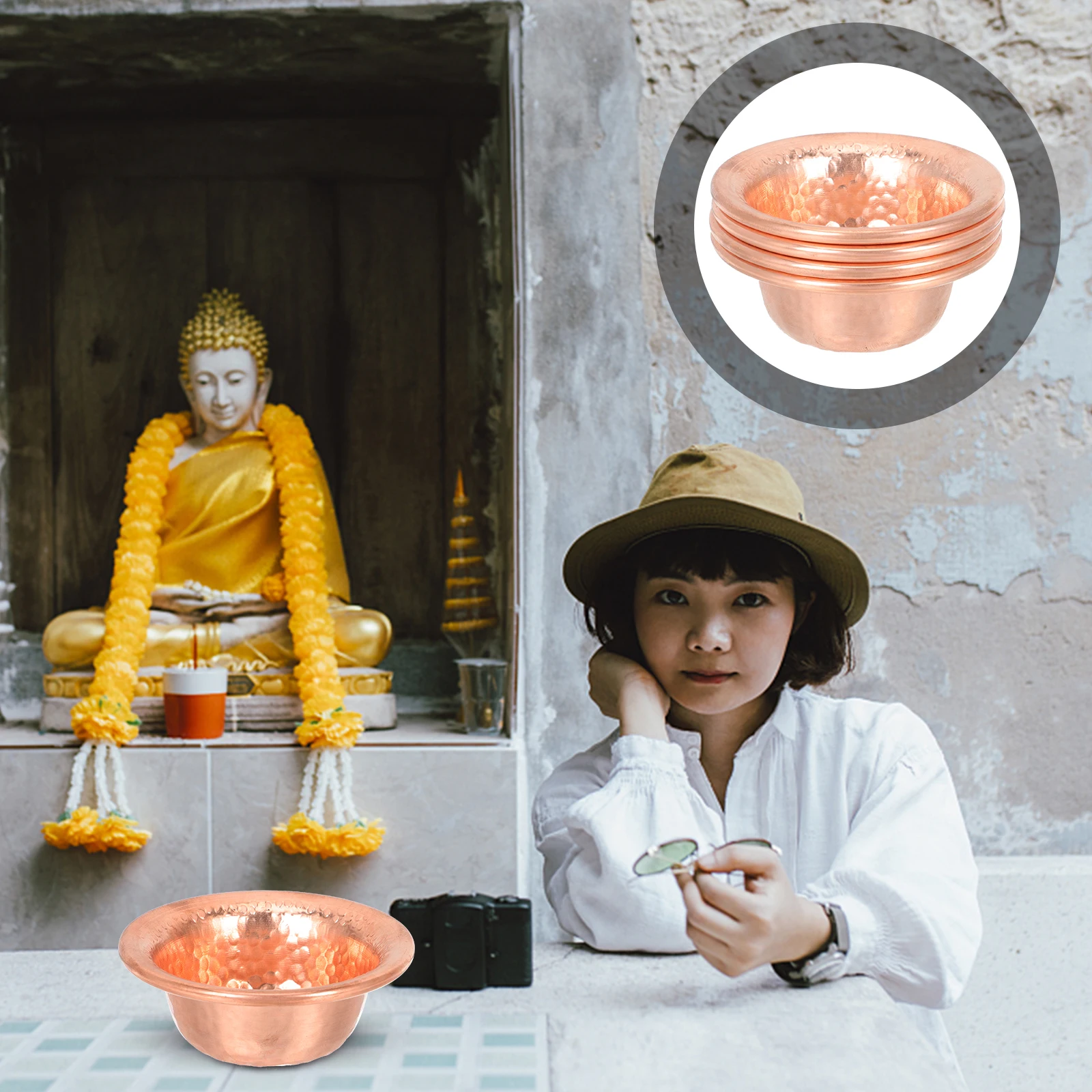 

4pcs Copper Buddhism Cup Smooth Offering Temple Home Decor Water Rice Bowl Wear-Resistant Small Desktop Cup Bronze Bowl