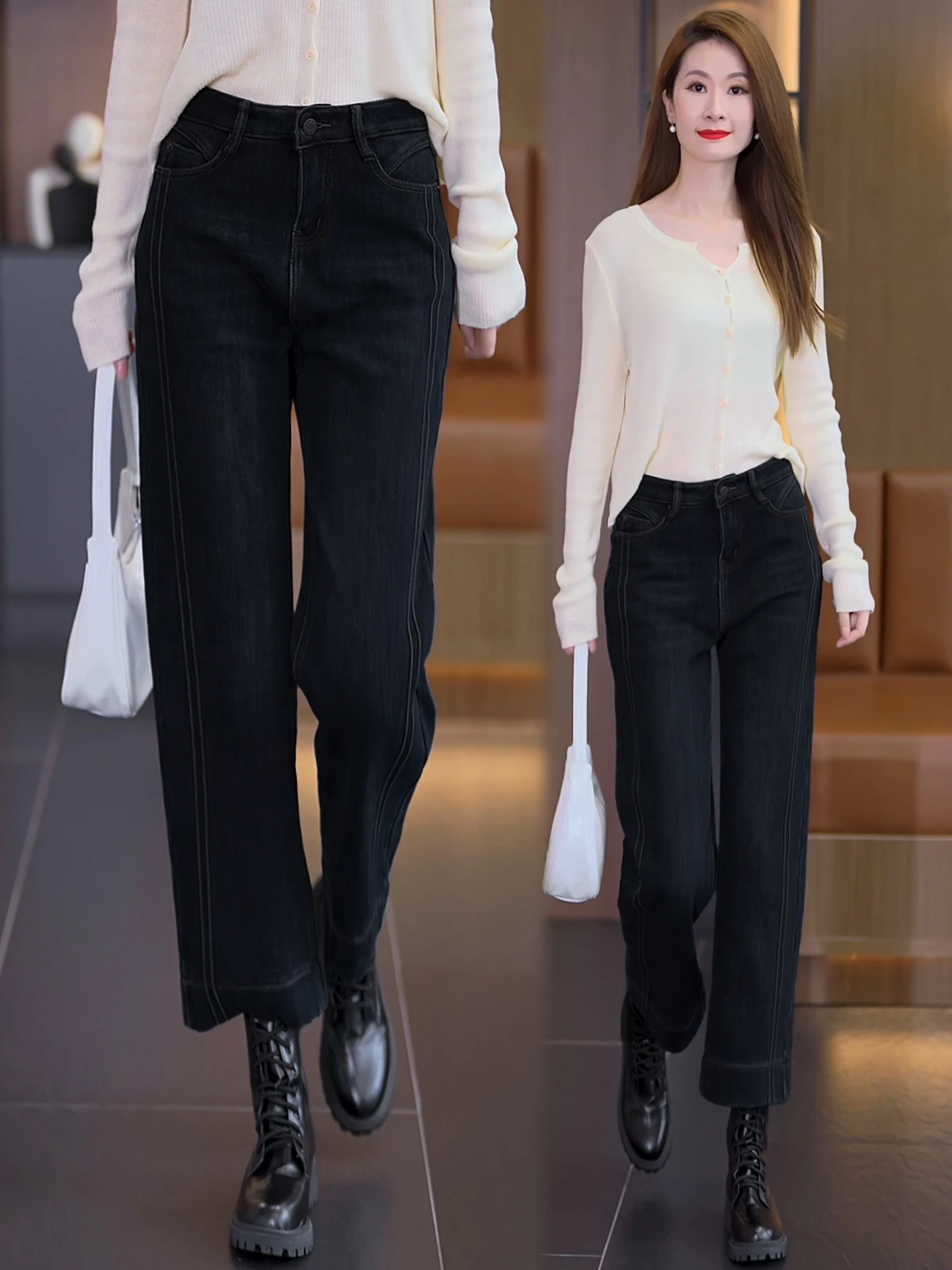 

Джинсы с высокой талией, утепленные флисом, прямого кроя, женские, осенне-зимние, новая модель, утягивающие брюки-сигареты малого размера