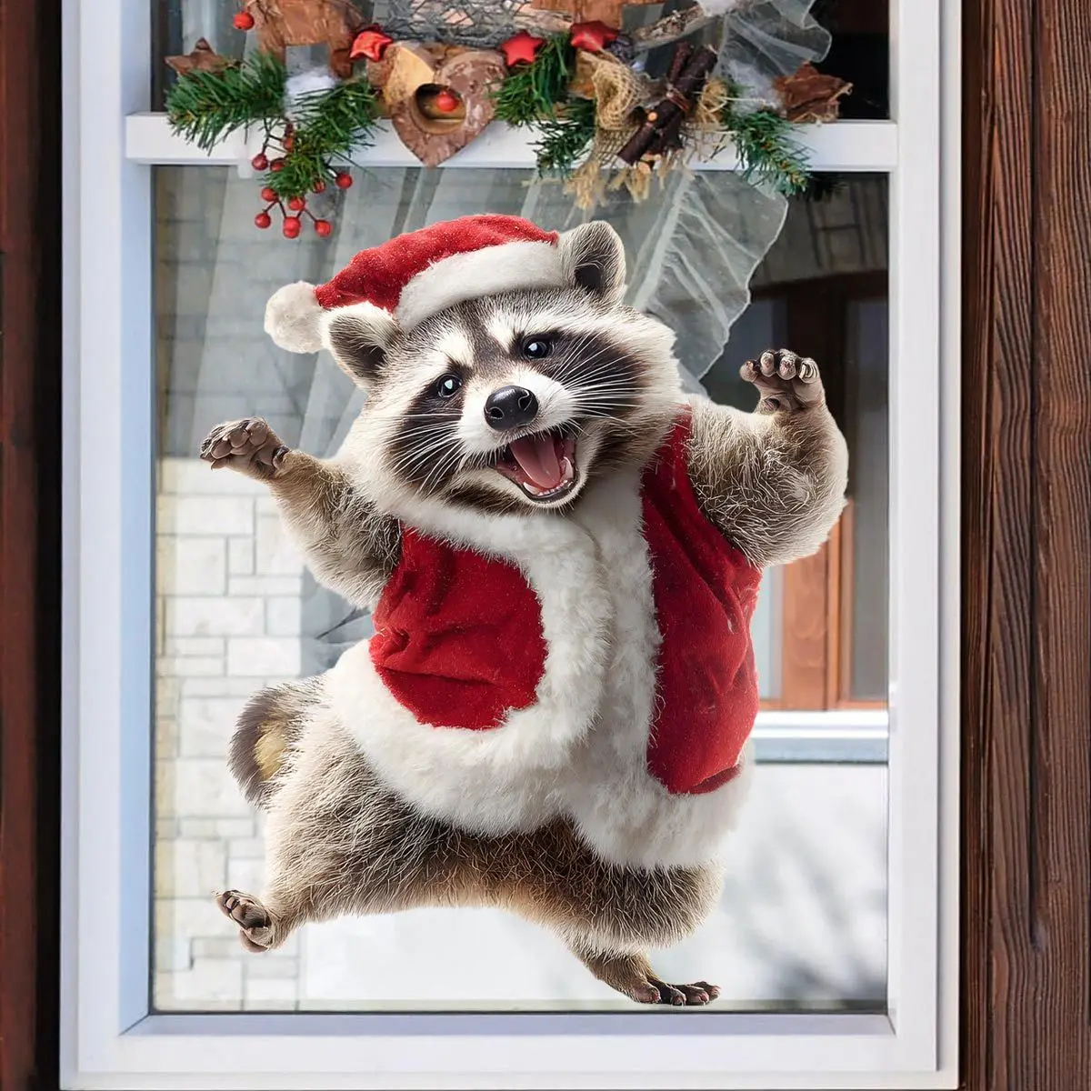 1PC Weihnachten Waschbär Thema Statische Haftende Fenster Aufkleber Urlaub Dekoration für Zuhause Wohnzimmer Glas Tür Shop Keine Kleber abziehbilder