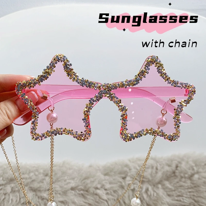 Fashion Diamond Sunglasses with Chain Women Luxury Five Pointed Star Shape UV400 Sun Glasses Unisex Party Beach Shades Eyewear