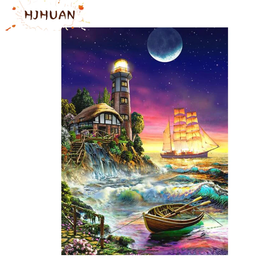 

Diamond Painting Seaside castle boat 5D DIY Diamond Painting Full Square Drill Embroidery Cross Stitch Gift Home Decor Gift Resi