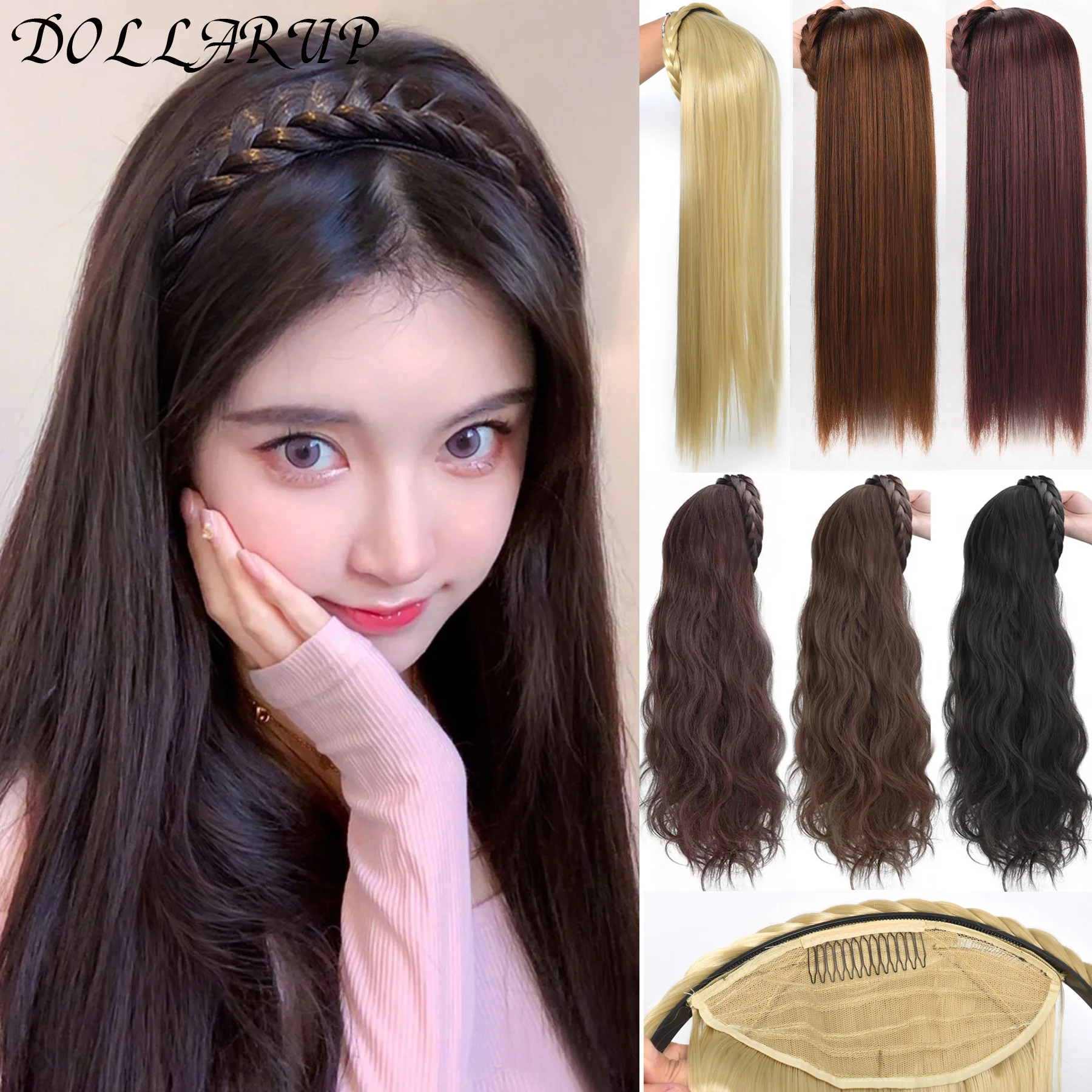 DOLLARUP Synthetic Long Straight Headband Half Wig Clip in Hair Extension Fluffy Natural False Blonde Hairpiece With HairBand