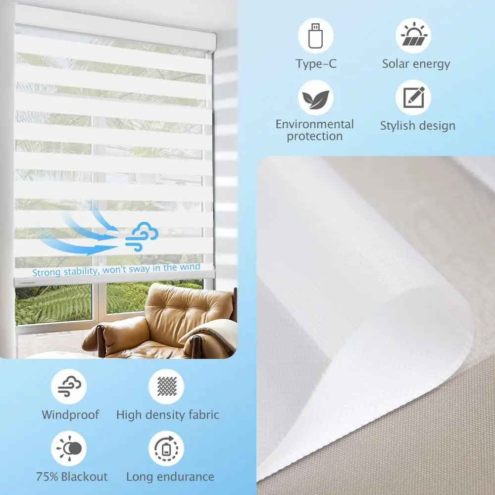 تصميم أنيق ظلال قماش عالية الكثافة مع الألواح الشمسية 75% ستائر زيبرا مقاومة للرياح لغرفة النوم #6