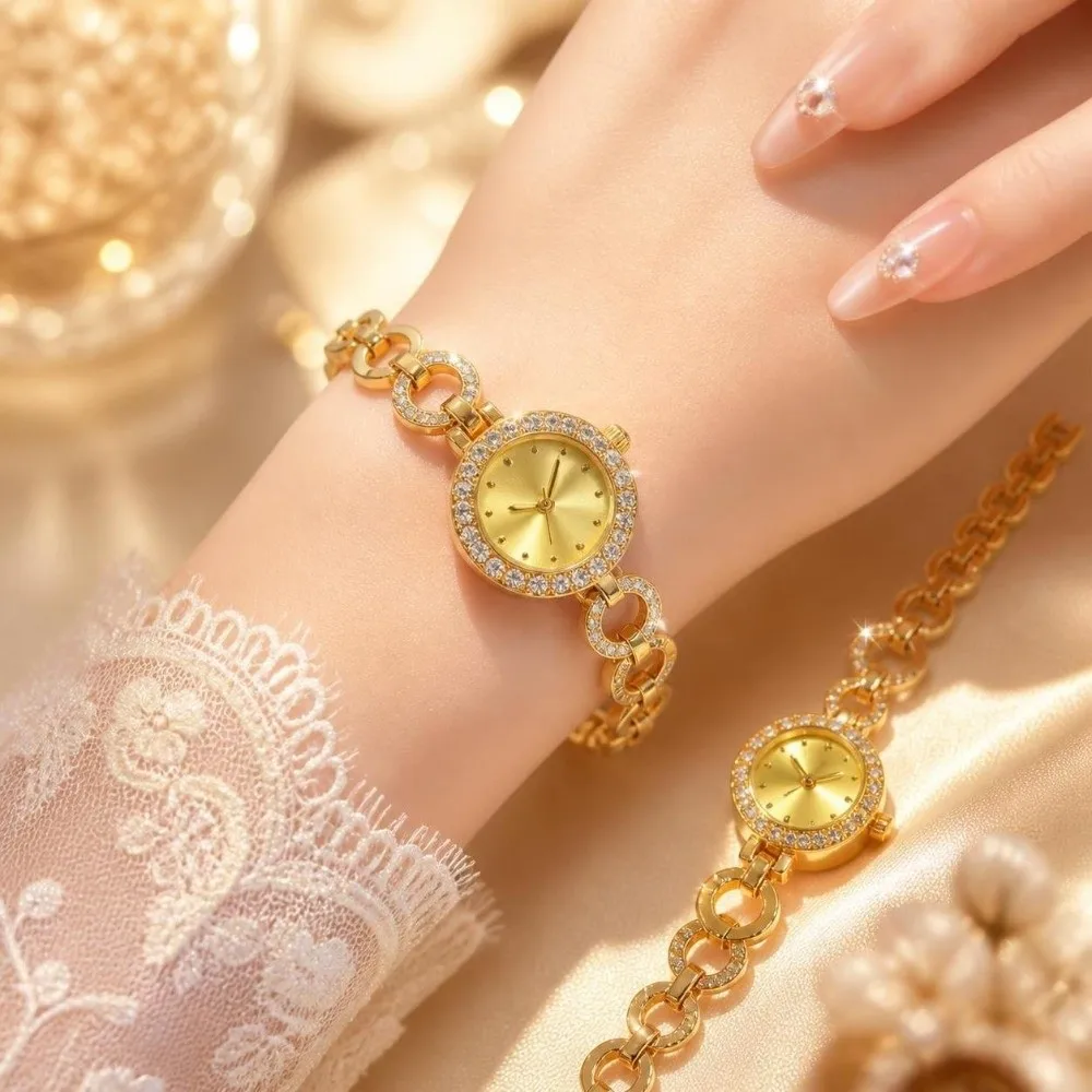 Luxury Small Dial Women Watch Round Bracelet Alloy Bracelet Watch Diamond Inlaid Watch Gift