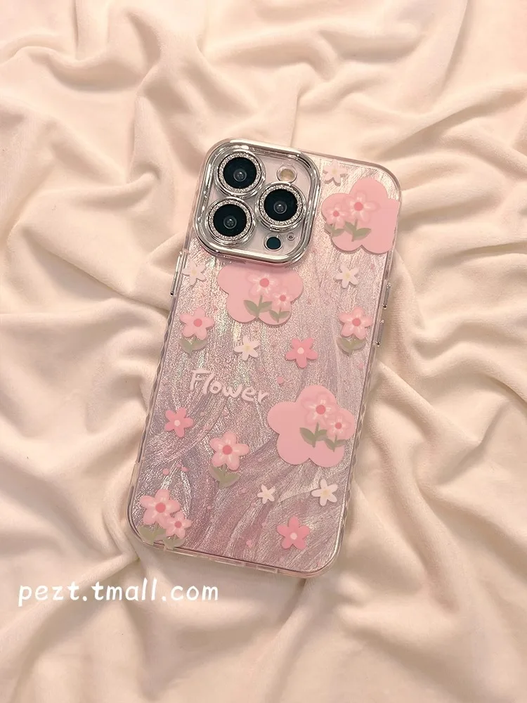 Pink Flower Girl Heart Phone Cases for iPhone 15 Pro Max Case 11 12 13 14 15 Pro Electroplated Goggles Shockproof Bumper Cover