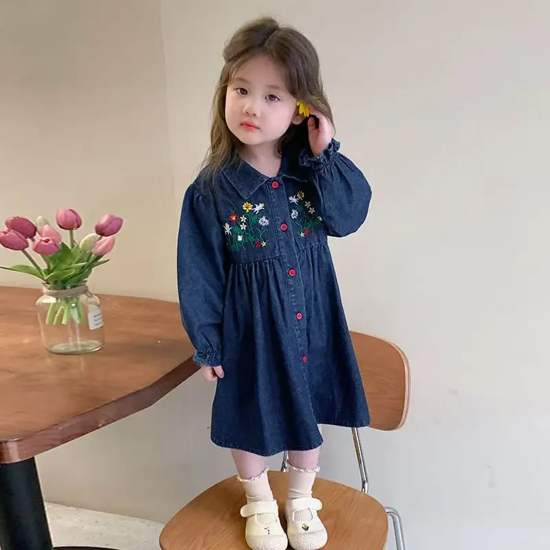 الأطفال الفتيات زهرة التطريز الدنيم اللباس رفض طوق واحدة الصدر الاطفال فتاة اللباس فضفاضة طويلة الأكمام فستان الأميرة