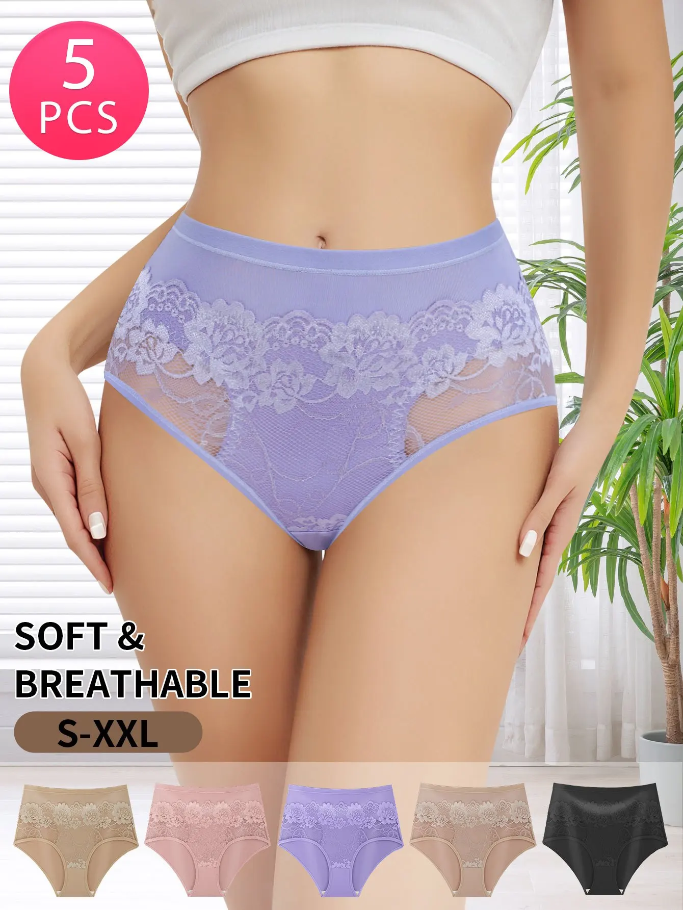 

5PCS Women's High Waist Lace Panties Elegant Embroidered Lace Panel Silk Design Hollow Underwear Women's Sexy Floral Panties
