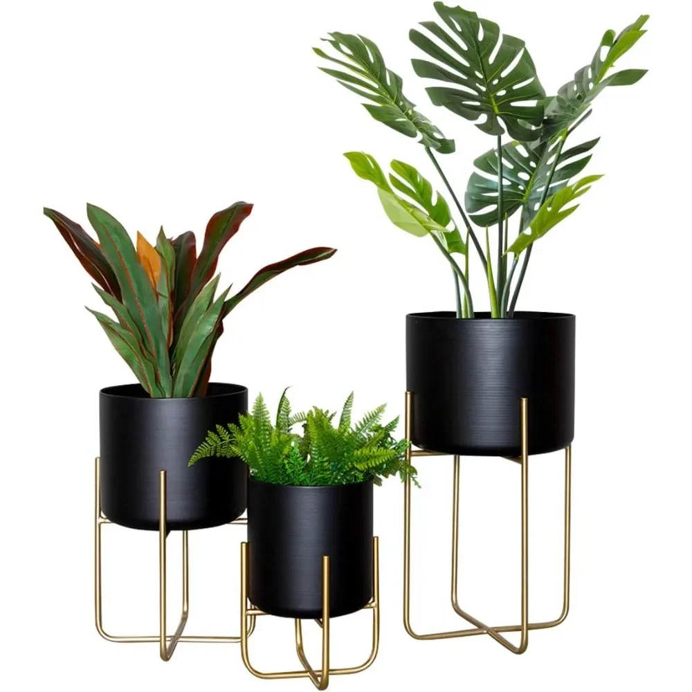 Large Floor Standing Planters with Metal Stand Pack of 3, Extra Large Plant Pot Container