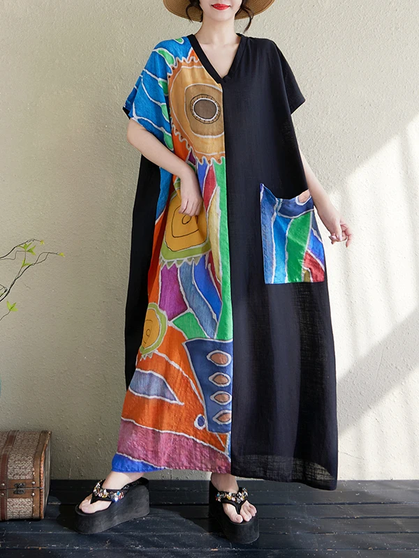 Plus Size Cotone Lino V-Ne Summer Dr Dimagrante ort Sve Ultra Long Sle Donna Faion Retro Stampa Vita alta Dr