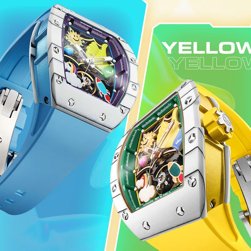 BONEST GATTI Orologio automatico da uomo 42mm * 52mm Tonneau Orologio da polso meccanico Lunetta in fibra di carbonio Specchio zaffiro Quadrante luminoso 3D