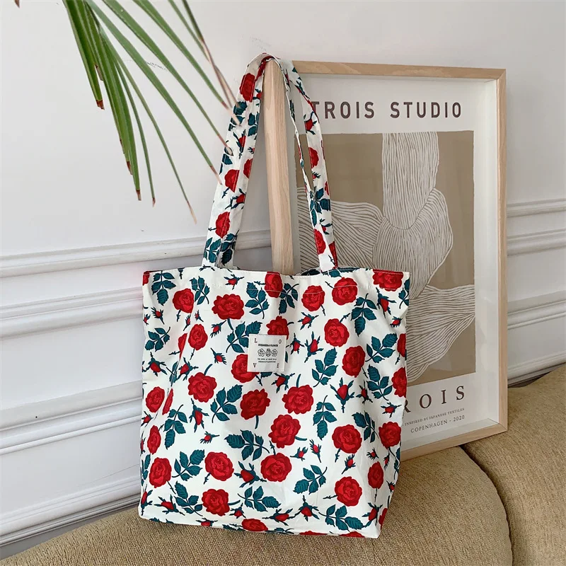 Floral Canvas Shoulder Bag for Women Summer Vacation Simple Hanbag Large Casual Capacity Shopper Tote Bags Beach Bags