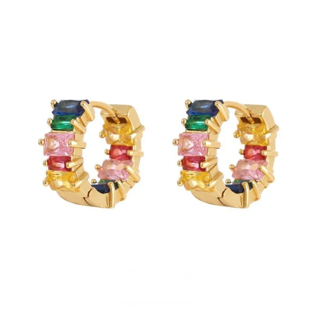 

KITYKISS Fashionable and Luxurious Dopamine-Colored Cross Rainbow C-Shaped Earrings, Vintage Irregular Zirconia Earrings