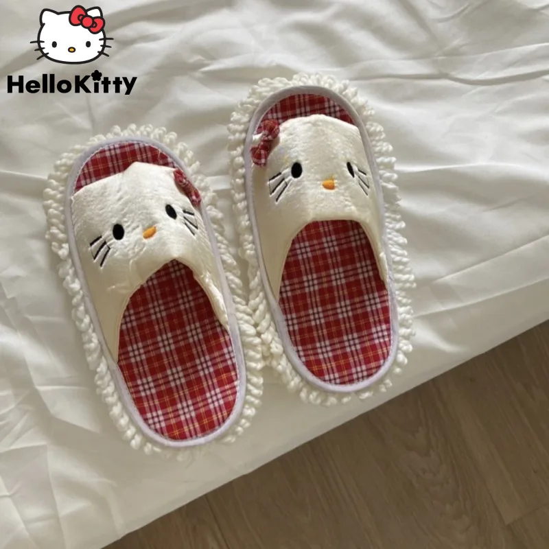 Kawaii Hello Kitty Indoor Detachable Cleaning Cotton Slippers Sanrio Household Shoes Mop Cute Quiet Plaid Home Sweep Slipperes