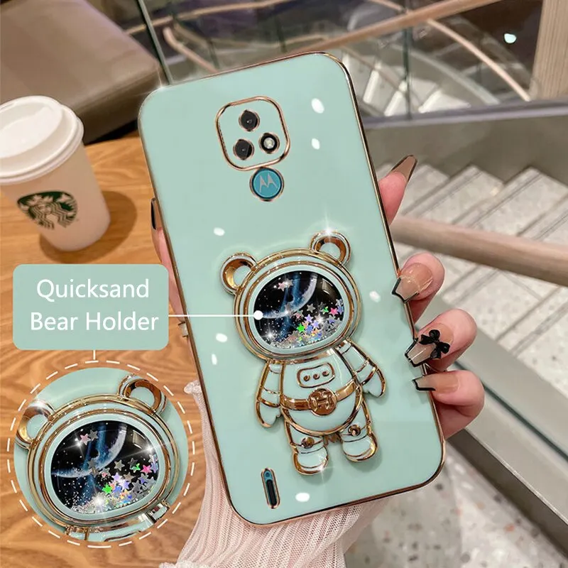 Phone Case For Motorola Moto E7 Motorola E7 Soft Silicone Luxury Plating Cartoon Bear Fold Stand Phone Case Cover